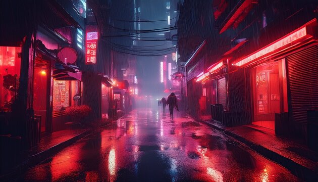 a rainy night in a dark city alley illuminated by red neon light