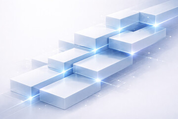 Fototapeta premium Minimalist Composition of Glowing White Rectangular Blocks with Blue Light Flares on a Clean High-Tech Surface.