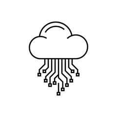 Minimalist black & white vector image featuring simple cloud outline with complex circuit board pattern extending from the bottom, symbolizing cloud computing, digital data storage & infrastructure