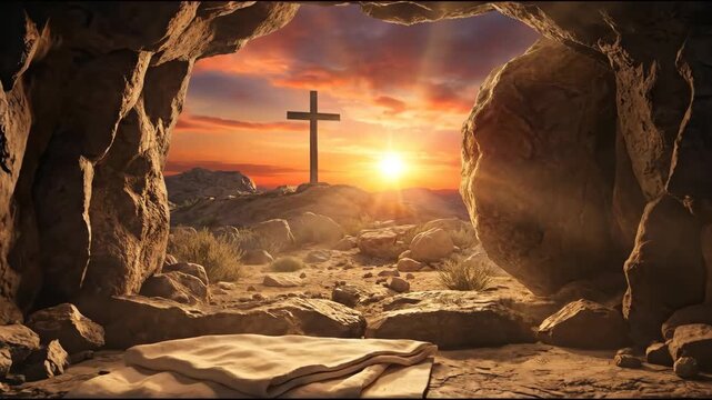 Cave entrance reveals Christian cross illuminated on hill at sunrise. Rocky landscape and soft light, emphasizing transition from darkness to light in spiritual context. Resurrection Of Jesus Christ
