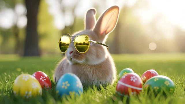 Easter bunny wearing sunglasses surrounded by colorful Easter eggs in grassy field Ai HD high quality video.