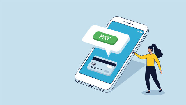 Mobile payment technology showing a woman standing next to a smartphone with a pay button and credit card.