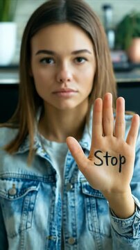 Protective stance: a woman in office with her arm outstretched holding says stop, symbolizing resistance, boundaries, and awareness, addressing the concept of harassment at work with determination.