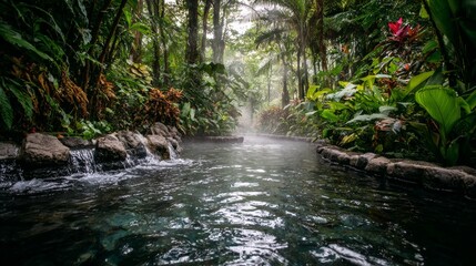 Tranquil hot spring waterfall spa landscape with geothermal pools, jungle rainforest nature, rising steam and serenity in misty hills, lush greenery and primeval wilderness creating a peaceful retreat