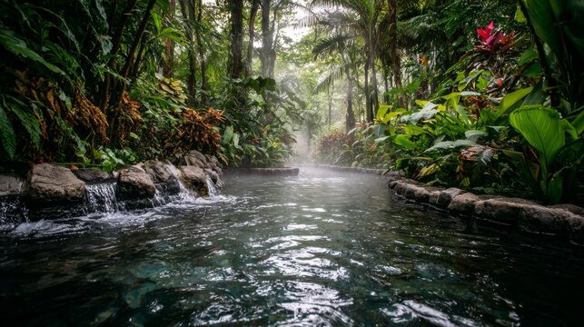 Tranquil hot spring waterfall spa landscape with geothermal pools, jungle rainforest nature, rising steam and serenity in misty hills, lush greenery and primeval wilderness creating a peaceful retreat