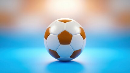 Naklejka premium Soccer ball with orange and white panels isolated on blue reflective surface with glow