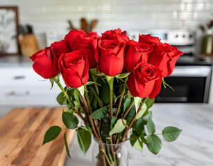 Bouquet of vibrant red roses arranged in a clear glass vase on a marble countertop with a modern kitchen background featuring appliances and utensils