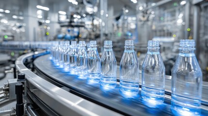 Clean plastic water bottles moving on an illuminated conveyor belt in a modern beverage factory.