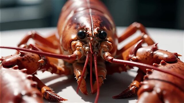 Close-up view of a vibrant red lobster with detailed texture and features, resting on a light surface, showcasing its claws and antennae