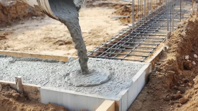 Pouring concrete for foundation at construction site in sunny weather