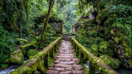 Obraz premium Wooden bridge over rainforest stream leading to ancient ruins, lush jungle trees, cascading water and moss covered path creating a serene yet adventurous forest landscape full of mystery exploration