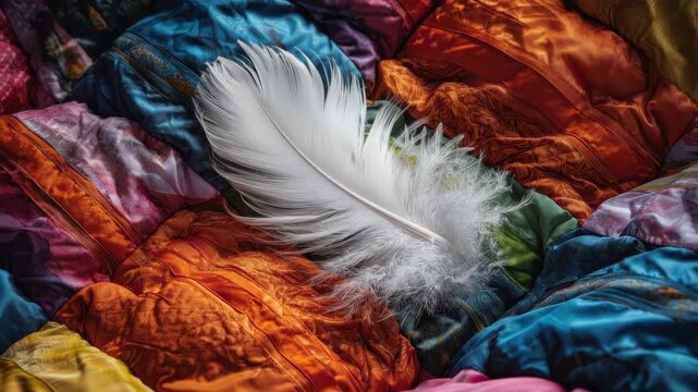 Colorful quilt with a soft white feather resting gently on its surface, showcasing vibrant textures and patterns during daylight