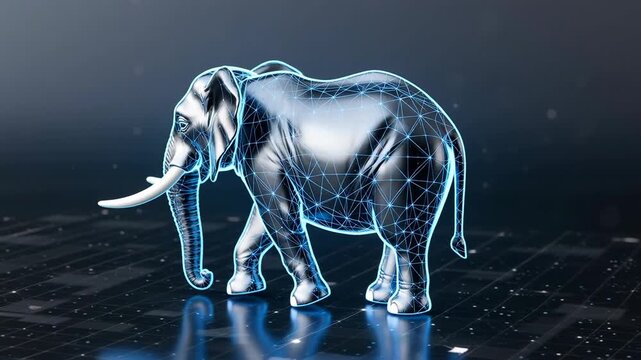 Digital representation of a futuristic elephant with glowing blue highlights against a dark, high-tech background