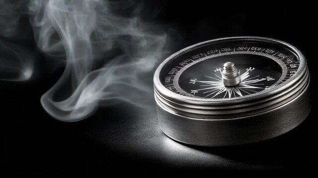 A close-up of a compass surrounded by wisps of smoke, set against a dark, contrasting background