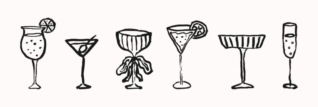 Coquette set wine and cocktails glasses with bows, hand drawn. Cute aesthetic glasses with ribbon and bow in sketch style. Girly elegant martini, champagne. Cheer cocktail event. Line art vector