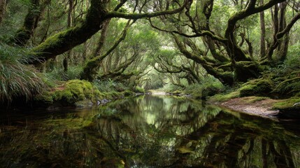 Obraz premium Wide view of a forest with twisted trees and clear water reflecting the surroundings in a natural setting during daylight
