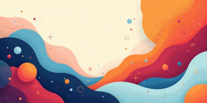 Abstract Colorful Waves with Scattered Planets and Symbols, a Vibrant Artistic Design for Backgrounds and Presentations