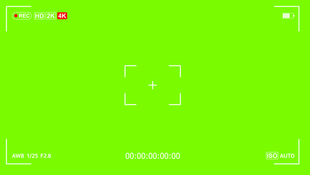 Digital video camera recorder interface with 4K recording sign, battery and timer on chroma key green background