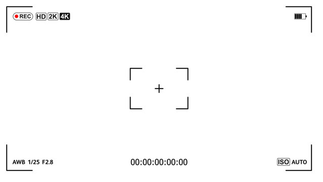 Digital video camera interface with 4K recording, battery and timer on a clean white background