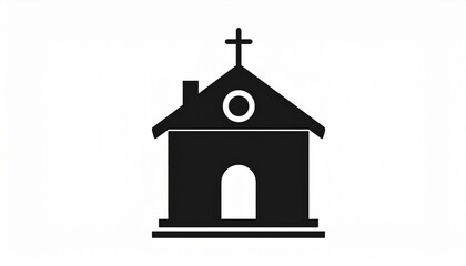 Minimalist Black Church Silhouette with Steeple and Cross on White Background Representing Worship Architecture and Community