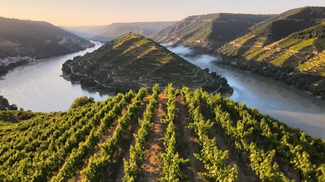 Aerial View of Lush Vineyards and the Douro River Valley in Portugal at Golden Hour
