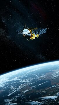 A 3D animation of a space satellite deploying solar panels during its orbital flight around Earth. The satellite's flight through space symbolizes space technology, communications, and explorations.