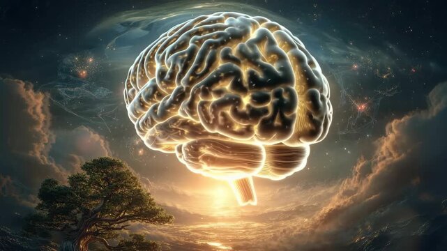 Creative representation of a glowing brain over a scenic landscape at sunset