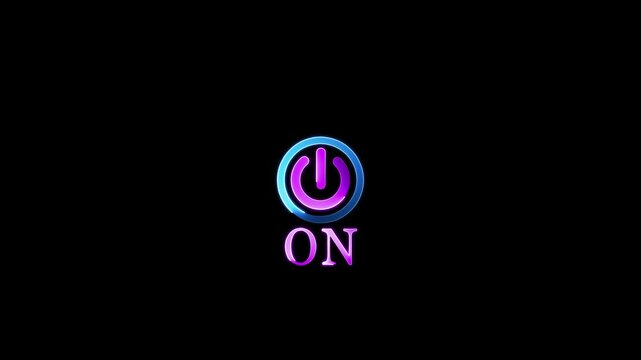 Illuminated power button symbol with the word ON in purple and blue hues on a black background icon