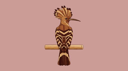 Hoopoe Bird Marquetry Art Illustration. Decorative Wood Inlay Style on Dusty Pink Background. Elegant Nature Craft Design. © Sandi