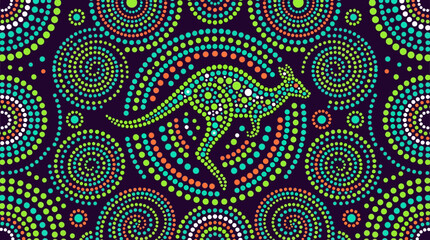 Neon Green and Teal Aboriginal Dot Art Seamless Pattern featuring Kangaroo. Traditional Australian Indigenous Culture Vector Background. © Sandi