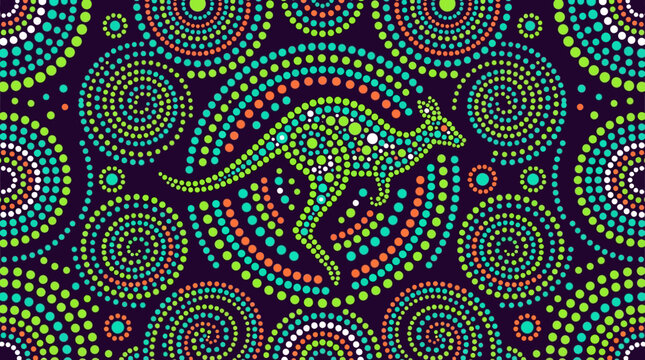 Neon Green and Teal Aboriginal Dot Art Seamless Pattern featuring Kangaroo. Traditional Australian Indigenous Culture Vector Background.