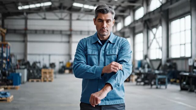 Professional man adjusting sleeves in industrial workspace, showcasing readiness for work. Industrial environment filled with tools and machinery reflects strong work ethic and commitment to tasks.