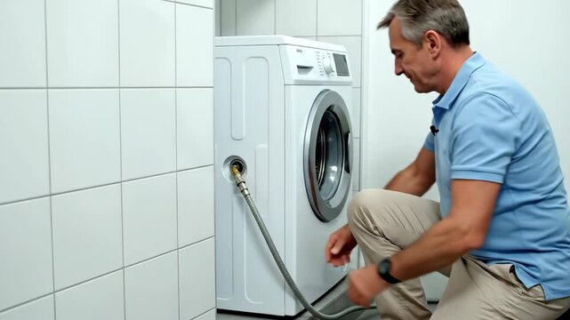 Man fixing washing machine in laundry room for home maintenance video. Repairing washing machine includes checking hose connection and ensuring proper functioning.