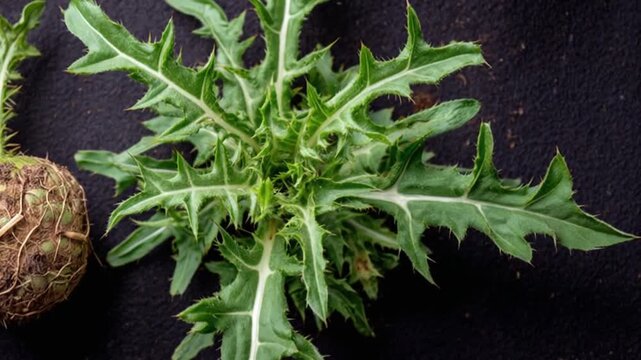 Green thorny plant with leaves, spiky edges, and a root ball on a dark textured background