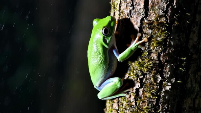 A vibrant green tree frog perched on a textured tree trunk, surrounded by a dark backdrop, showcasing its glossy skin and intricate details