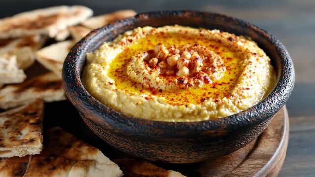 Delicious hummus served with warm pita bread on a wooden board in a cozy setting