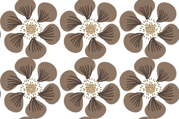 Fototapeta premium Seamless pattern with vintage chocolate flowers, a modern minimalism. A delicate floral print on a white background for gift wrapping, textile design, and other creative projects. Vector.