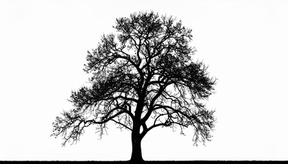 Black Tree Silhouette with Intricate Branches on White Background Representing Nature Solitude and Minimalism