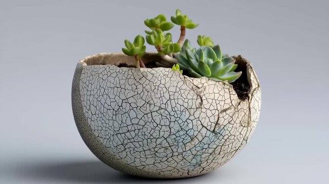 Unique cracked pot with succulent plants displayed on a simple gray background