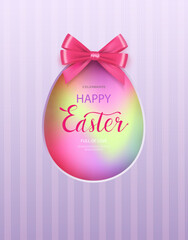 Obraz premium Easter card, website banner, poster, flyer, or cover. A trendy, modern paper-cut design featuring an Easter egg, spring flowers, and gradients. Embellished with a bow. Vector illustration.