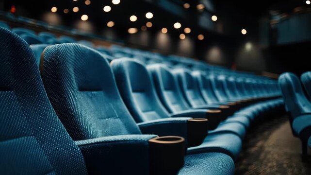 Blue theater seats are ready for moviegoers in a dimly lit cinema during the evening