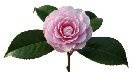 Pink camellia flower with dark green leaves