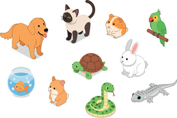 Obraz premium A collection of various cartoon animals including a dog, cat, parrot, and other creatures, displayed together in a playful arrangement