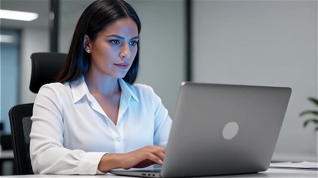 Professional woman concentrating while typing on a laptop in a modern office setting during evening hours