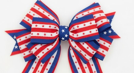 Patriotic hair bow with red white and blue stripes and polka dots