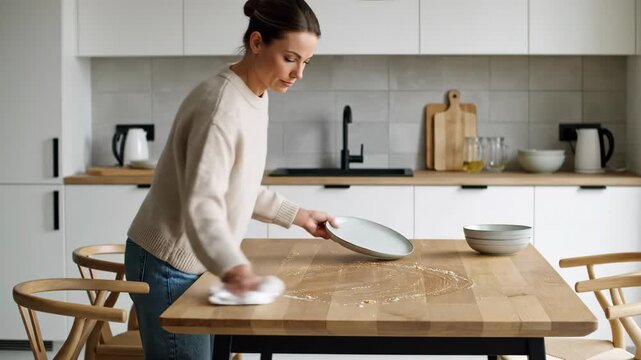 Young woman cleaning a wooden table with a cloth in a modern kitchen. Housewife wiping crumbs and tidying up the dining area. Household chores concept