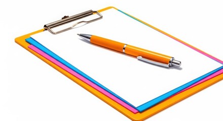 Clipboard with orange pen on white paper background