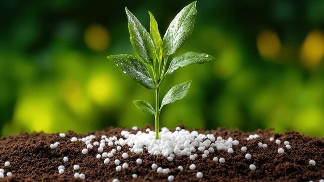 Green seedling growing from soil with fertilizer pellets on the ground in a vibrant outdoor setting