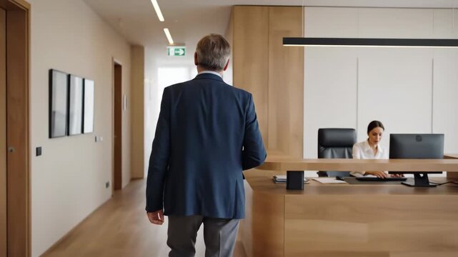 Business meeting with professional man walking towards reception desk in modern office space, receptionist engaged at workstation.