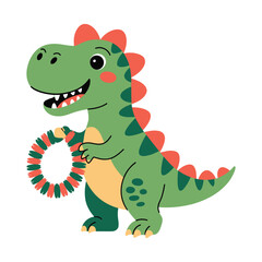 Fototapeta premium A cartoon dinosaur holding a colorful toy ring in its hand on a white background